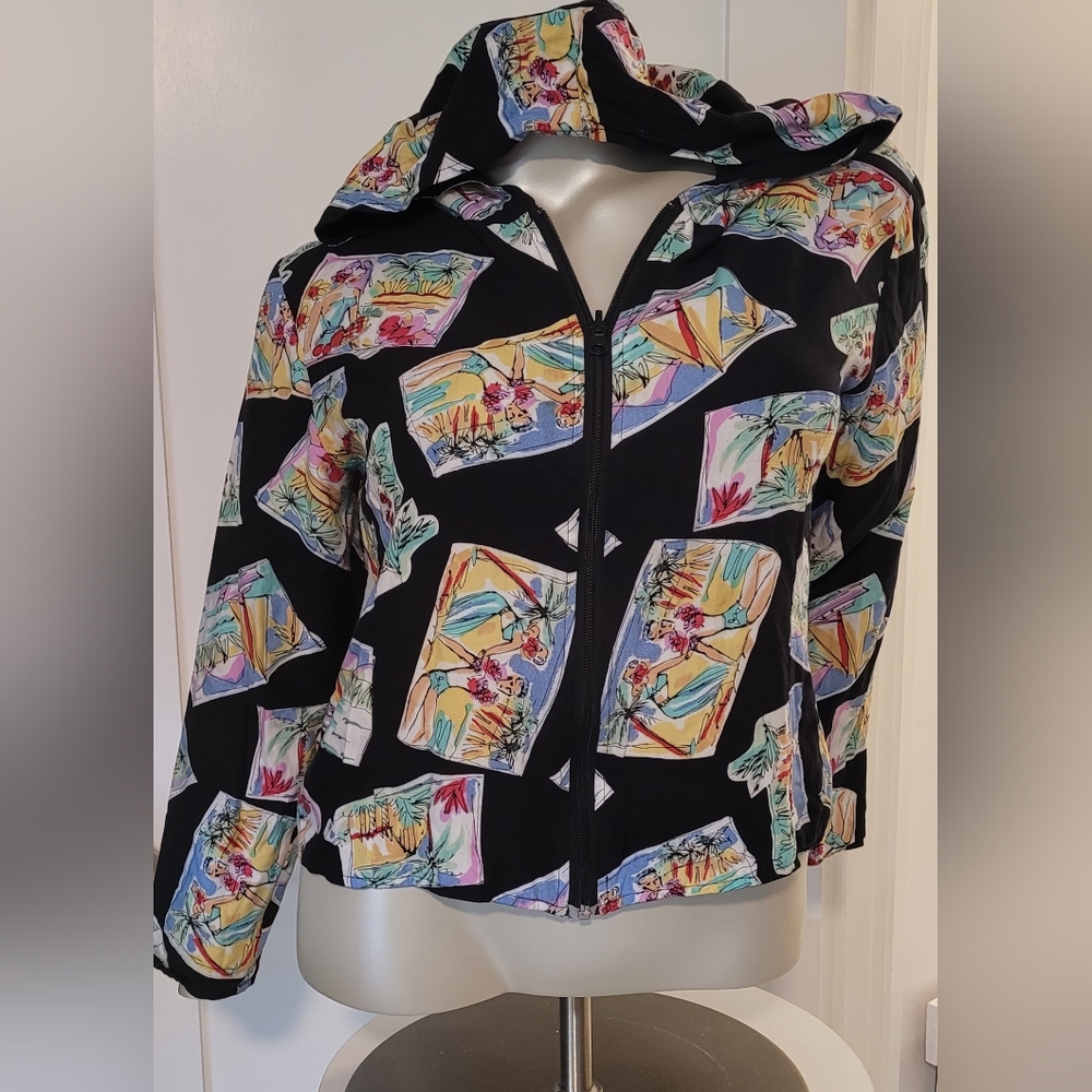 Vintage Hooded Reversible Hawaiian Postcard Jacket Single stitch sz L